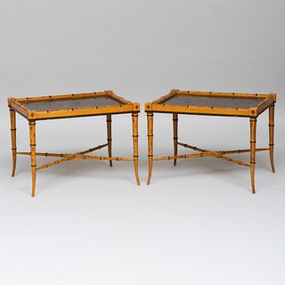 Pair of Regency Style Black Painted and Parcel-Gilt Faux Bamboo Low Tables, Stamped Clem Cardona