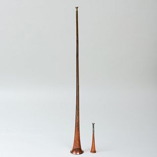  Boosey & Co. Copper and Brass Hunting Horn and a Small Silver-Mounted-Copper Kohler & Son Hunting Horn