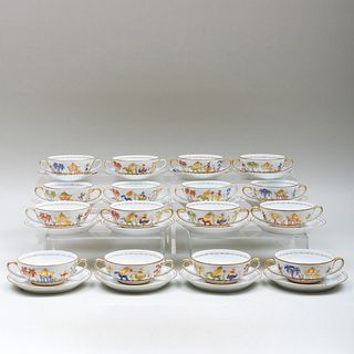 Set of Sixteen Le Telac Porcelain Broth Bowls and Saucers