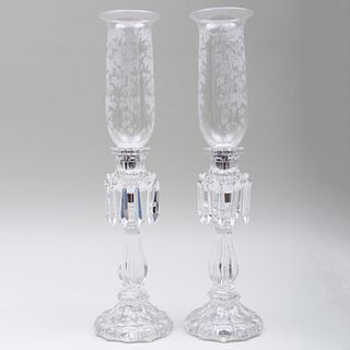 Pair of Baccarat Pressed Glass Lusters with a Pair of Etched Glass Shades