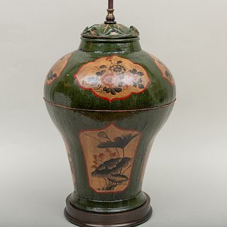Large Asian Lacquer Jar and Cover Mounted as a Lamp
