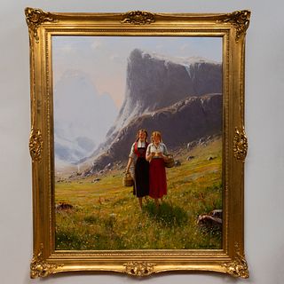 Hans Dahl (1849-1937): Girls in a Mountain Landscape
