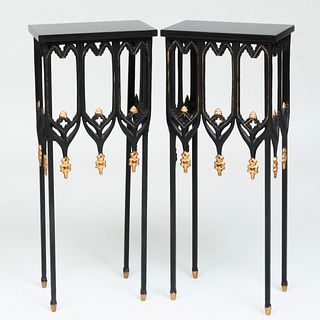 Pair of Small Neo-Gothic Style Ebonized Metal and Parcel-Gilt Side Tables