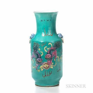 Famille Rose Turquoise Blue-ground Rouleau Vase
