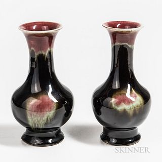 Near Pair of Black/Flambe Splash-glazed Bottle Vases