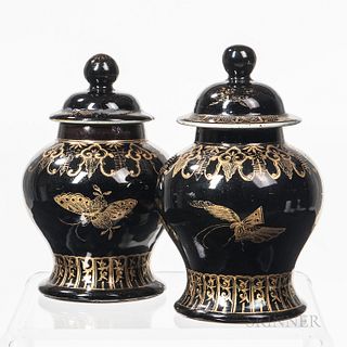 Near Pair of Gilt-decorated Mirror Black-glazed Ginger Jars and Covers