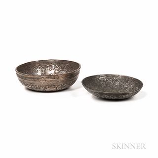 Two Small Engraved Tinned-copper Bowls