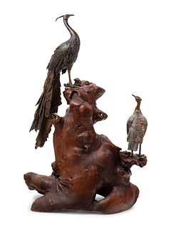 A Bronze Figural Group of Two Peacocks