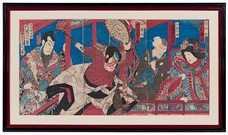 Toyohara Kunichika (Japanese, 1835-1900) 'Ichikawa Danjuro as Watonai...' Woodblock Triptych