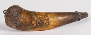 Relief carved leaping stag powder horn