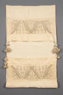 LINEN SHOW TOWEL with APPLIED DECORATION, EARLY 20th C.
