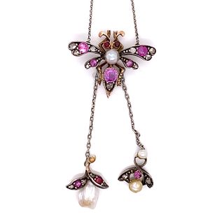 Victorian Gold & Silver Pearl Turmaline Butterfly PendantÂ 