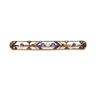 18k Sapphire Diamond Art Nouveau Bar Brooch