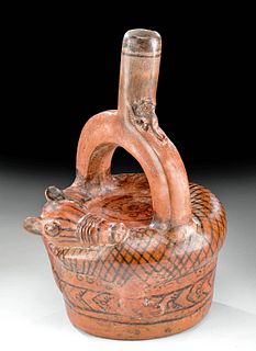 Inca Pottery Stirrup Vessel with Llama & Monkey Motifs
