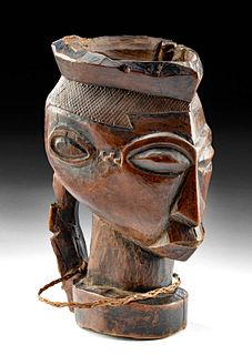 19th C. Kuba Wood Cup of Human Head with Figural Handle
