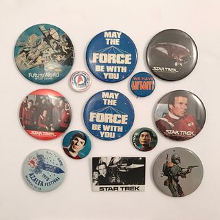 Group of 60 Star Trek and Star Wars Buttons and Pins
