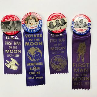 Group of 46 Apollo 11 Moon Landing , Astronaut Buttons , and Credentials