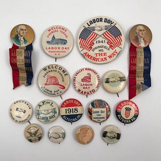 Antique Group of 16 Labor Day Buttons Pinbacks