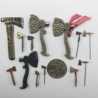 Group of 14 Early Prohibition Axe Pins and Carry Nation Hatchets