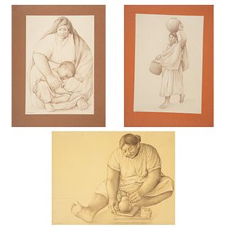 IGNACIO BRAVO Lote de 3 obras. Maternidad, Aguadora y Alfarera Firmadas al frente Impresión sobre papel y soporte rígido.