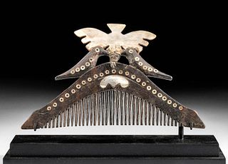 19th C. Indonesian Wood Comb w/ Mother of Pearl Inlay