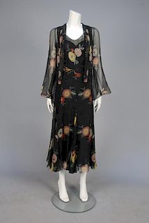 BEADED and PRINTED CHIFFON DRESS and JACKET, 1930s.