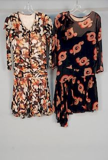 TWO PRINTED CHIFFON DRESSES, 1920s.