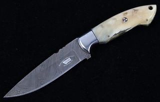 M.T. Knives Damascus and Rams Horn Camp Knife