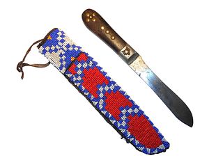 Arapaho Beaded Sheath & Pewter Inlaid Knife 19th