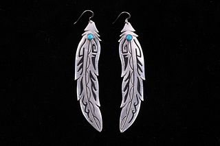 Navajo Singer Sterling Turquoise Feather Earrings