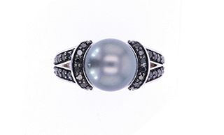 Tahitian Pearl & Black Diamond 14k White Gold Ring