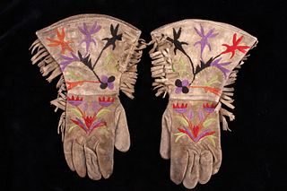 Eastern Sioux Embroidered Hide Gauntlets c. 1900's