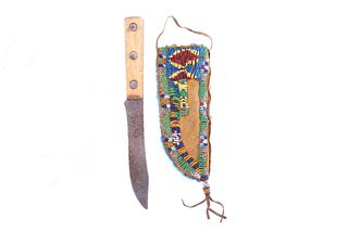 Sioux Fully Beaded Leather Sheath & Knife 19th C.