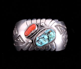 Navajo Sleeping Beauty Turquoise Coral Silver Cuff