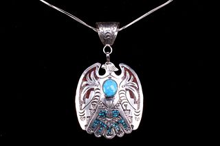 Navajo Sterling Silver Thunderbird Signed Necklace