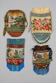FOUR VICTORIAN MICRO-BEADED DRAWSTRING BAGS.