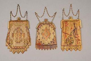THREE WHITING and DAVIS PAINTED MESH BAGS, EARLY 20th C.