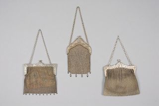 THREE STERLING SILVER MESH PURSES, LATE 19th - EARLY 20th C.