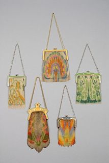 FIVE WHITING and DAVIS PAINTED METAL MESH PURSES, EARLY 20th C.