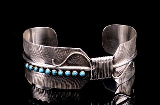 Navajo Sterling Silver Feather Turquoise Bracelet