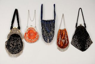 FIVE VELVET BAGS with STEEL BEADS, LATE 19th - EARLY 20th C.