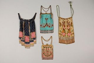 FOUR COLORFUL MICRO STEEL BEADED BAGS, EARLY 20th C.