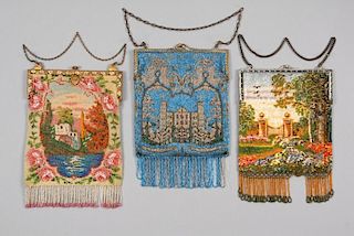 THREE SCENIC BEADED BAGS, EARLY 20th C.