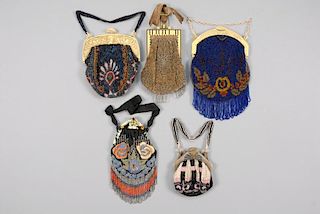 FIVE BEADED BAGS with INTERESTING CELLULOID FRAMES, EARLY 20th C.