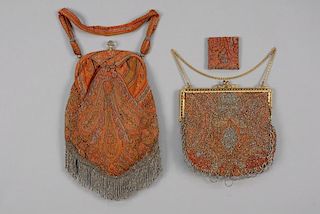 TWO STEEL BEADED WOOL PAISLEY BAGS, EARLY 20th C.