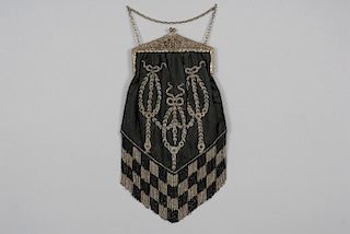 STEEL BEADED SILK BAG with CHECKED FRINGE, EARLY 20th C.
