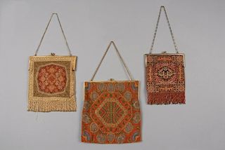 TWO CARPET DESIGN MICRO BEADED BAGS, EARLY 20th C.