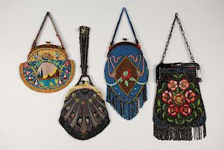 FOUR DECO BEADED BAGS with CELLULOID FRAME.
