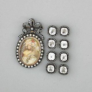 ANTIQUE PORTRAIT BROOCH AND SET OF EIGHT BUTTONS