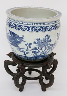 Antique Chinese Canton Style Blue and White Porcelain Jardiniere